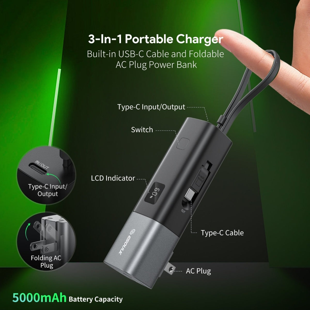 Esoulk 3-in-1 Portable Charger - 5,000 mAh Power Bank with Built-in USB-C Cable and Foldable AC Plug