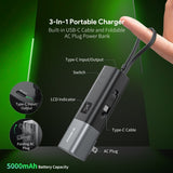 Esoulk 3-in-1 Portable Charger - 5,000 mAh Power Bank with Built-in USB-C Cable and Foldable AC Plug