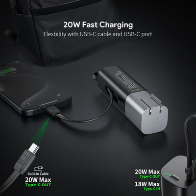 Esoulk 3-in-1 Portable Charger - 5,000 mAh Power Bank with Built-in USB-C Cable and Foldable AC Plug