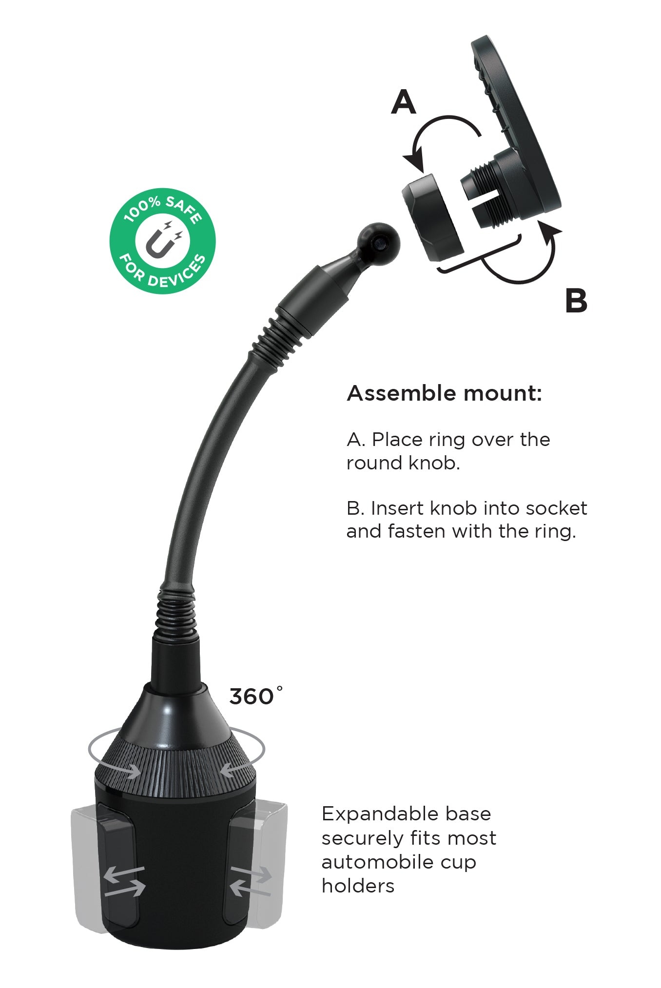 Adjustable Magnetic Car Mount with Flexible Gooseneck and Cup Holder Base