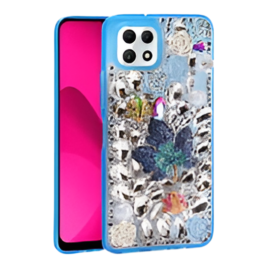 T-Mobile Revvl 7 5G Luxury Diamond Case With Leaf Design & Strap Blue