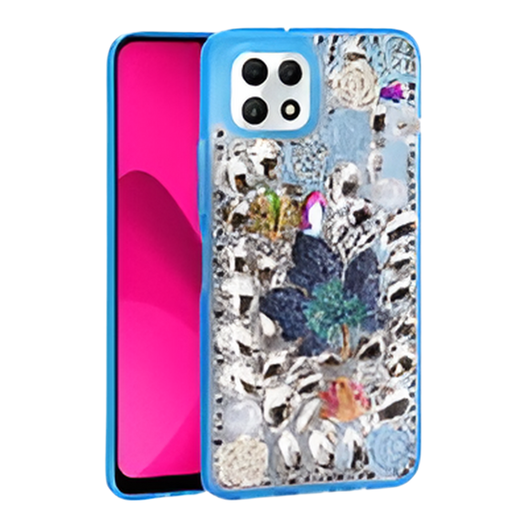 T-Mobile Revvl 7 5G Luxury Diamond Case With Leaf Design & Strap Blue