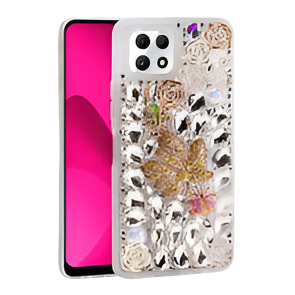 T-Mobile Revvl 7 5G Luxury Diamond Case With Leaf Design & Strap Gold