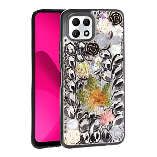 T-Mobile Revvl 7 5G Luxury Diamond Case With Leaf Design & Strap Black