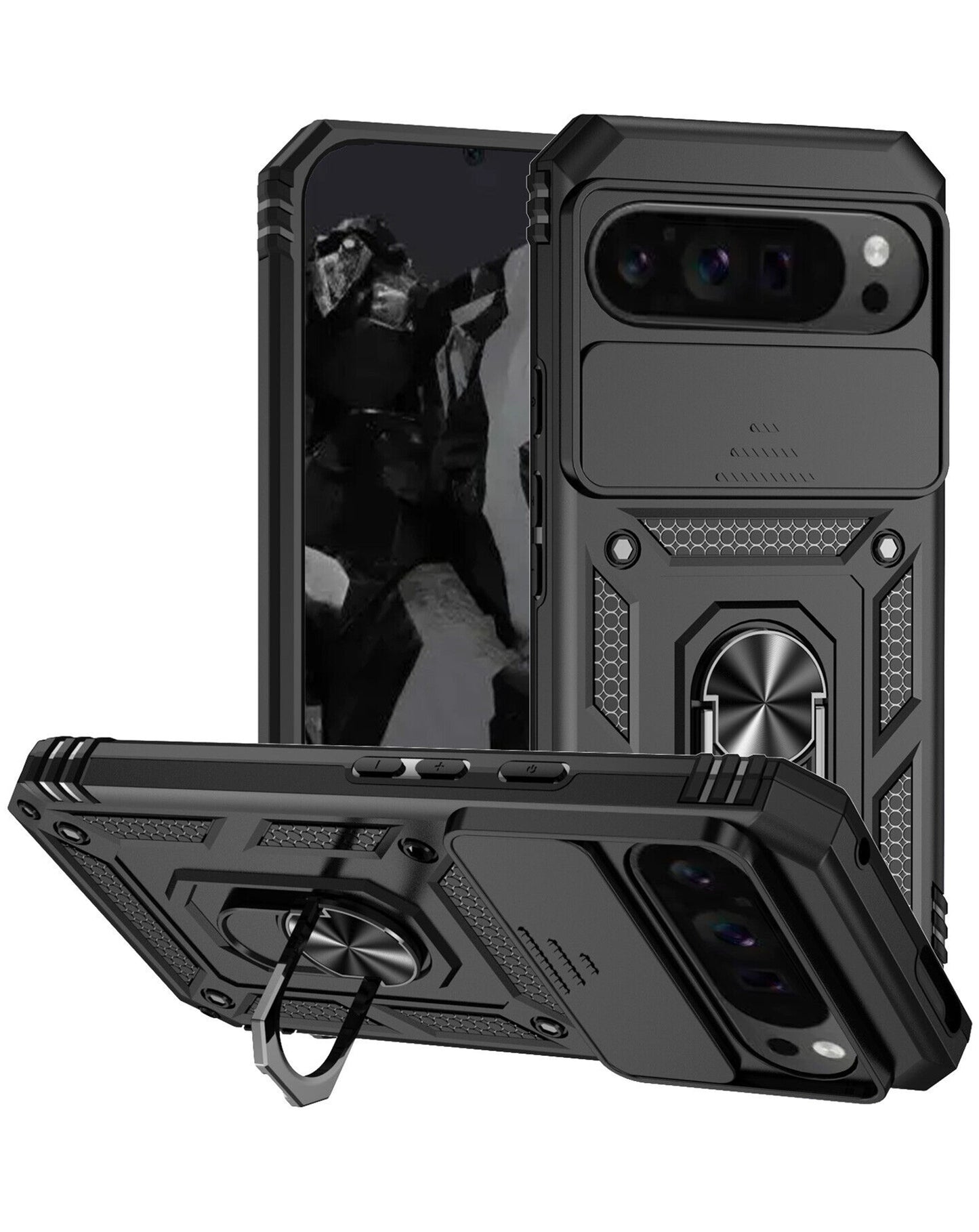 Google Pixel 9 Pro XL Dual Layers Hybrid Case with Metal Ring And Camera Protector - BLACK