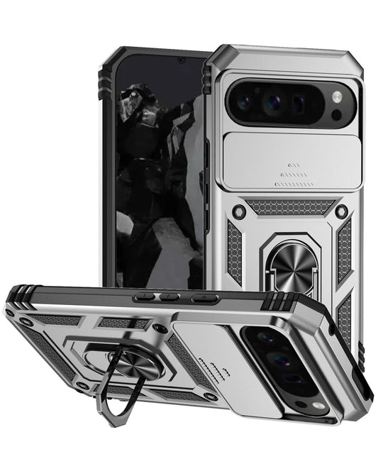 Google Pixel 9 Pro XL Dual Layers Hybrid Case with Metal Ring And Camera Protector - SILVER