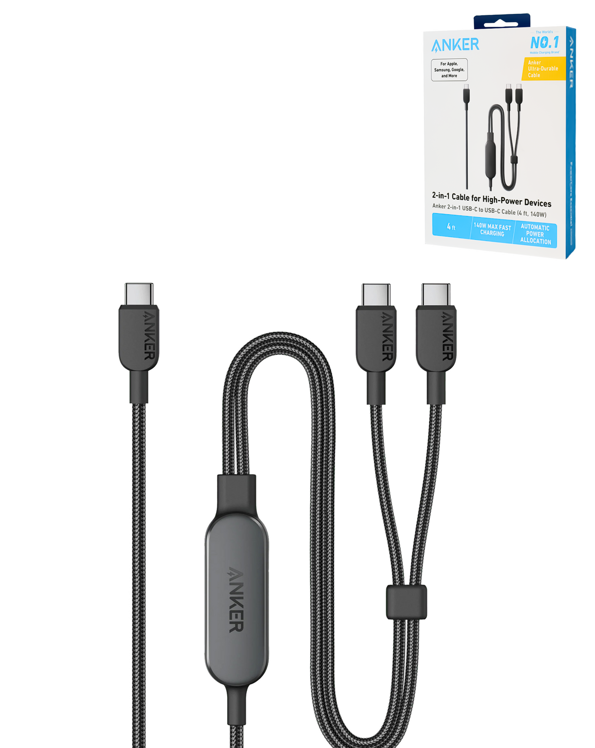 Anker Braided 2-in-1 USB C-C Charging Cable (4ft) (BLACK)