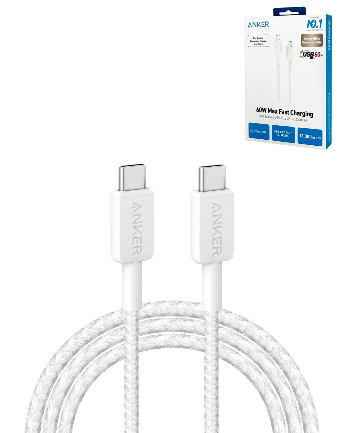 Anker 322 USB C-C Braided Charging Cable (WHITE) (10ft) (60W)