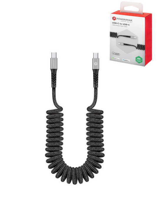 PowerPeak USB C-C Coiled Charging & Sync Cable (GRAY) (4ft)