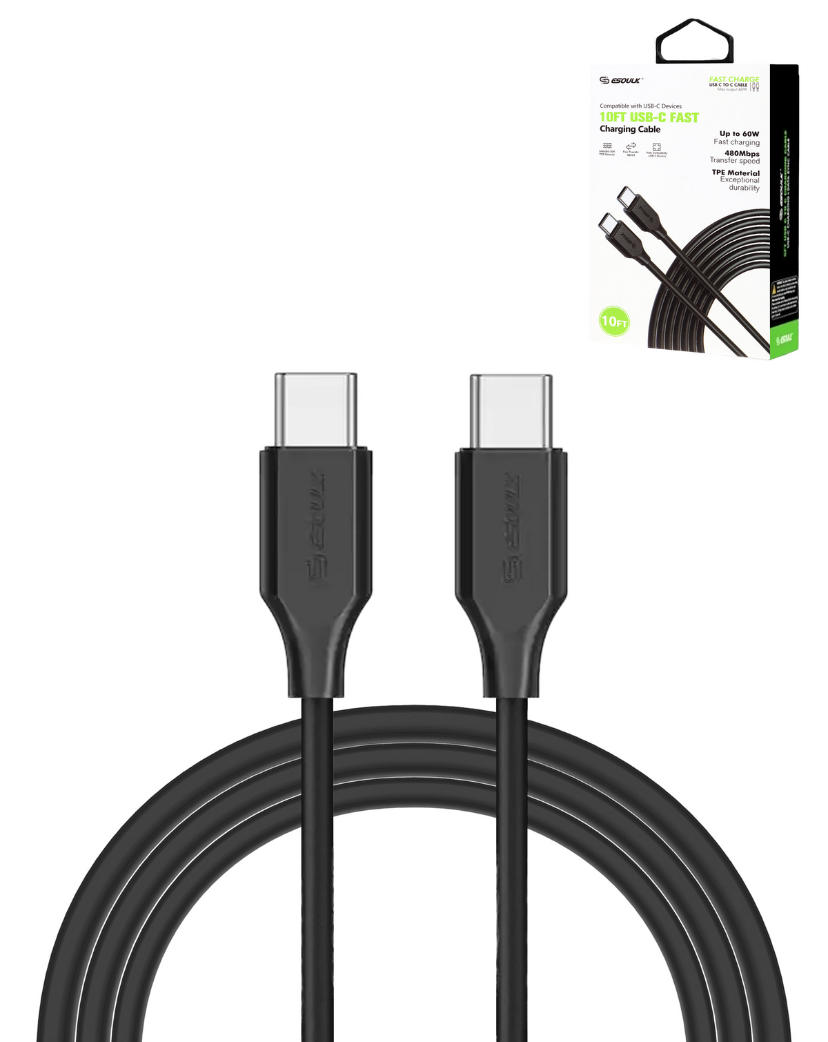 Esoulk EK1005 USB C-C Charging Cable (BLACK) (10ft) (60W)