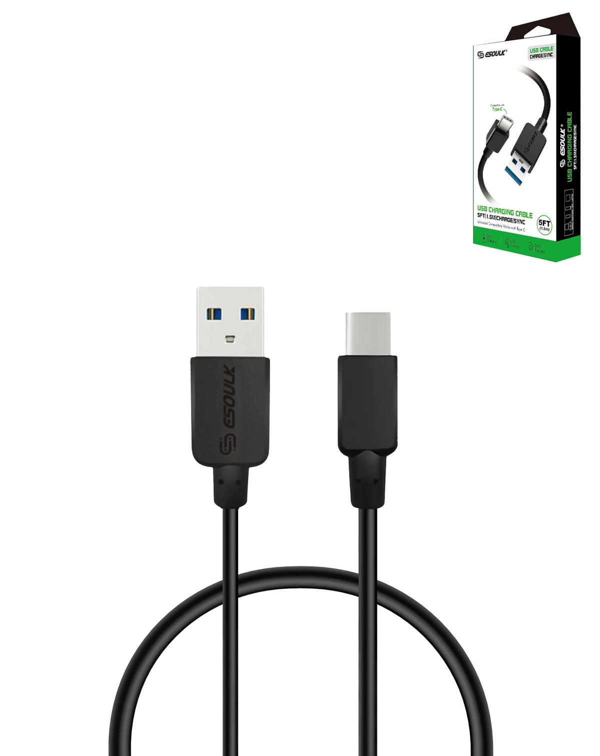 Esoulk USB A-C Round Charging Cable (BLACK) (5ft) (15W)