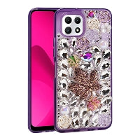 T-Mobile Revvl 7 5G Luxury Diamond Case With Leaf Design & Strap Purple
