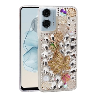 Moto G Power 5G 2024 Luxury Diamond Case With Leaf Design & Strap Gold