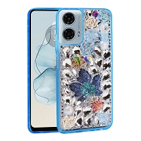 Moto G Power 5G 2024 Luxury Diamond Case With Leaf Design & Strap Blue