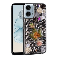 Moto G Power 5G 2024 Luxury Diamond Case With Leaf Design & Strap Black