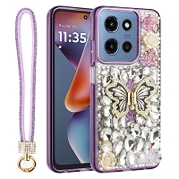 Moto G Power 2025/2026 Luxury Diamond Butterfly Kickstand Case With Strap Purple