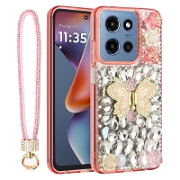 Moto G Power 2025/2026 Luxury Diamond Butterfly Kickstand Case With Strap Pink