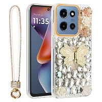 Moto G Power 2025/2026 Luxury Diamond Butterfly Kickstand Case With Strap Gold