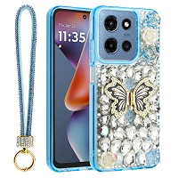 Moto G Power 2025/2026 Luxury Diamond Butterfly Kickstand Case With Strap Blue