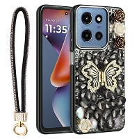 Moto G Power 2025/2026 Luxury Diamond Butterfly Kickstand Case With Strap Black