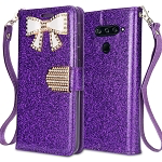 LG V40 ThinQ Sparkle Diamond Wallet Case With Butterfly Design Purple