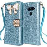 LG V40 ThinQ Sparkle Diamond Wallet Case With Butterfly Design Blue