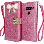 LG V40 ThinQ Sparkle Diamond Wallet Case With Butterfly Design Pink