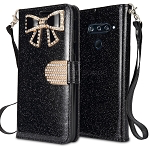 LG V40 ThinQ Sparkle Diamond Wallet Case With Butterfly Design Black