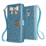 LG Stylo 5 Sparkle Wallet Case With Diamond Butterfly Design Blue