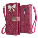 LG Stylo 5 Sparkle Wallet Case With Diamond Butterfly Design Hot Pink