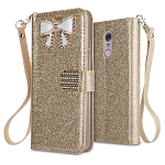 LG Stylo 5 Sparkle Wallet Case With Diamond Butterfly Design Gold