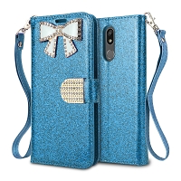 LG K40 Sparkle Wallet Case With Diamond Butterfly Design Blue
