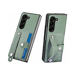 Galaxy Z Fold 5 Carbon Fiber Texture Card Slot Wrist Strap Holder Case - GREEN