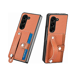 Galaxy Z Fold 5 Carbon Fiber Texture Card Slot Wrist Strap Holder Case - BROWN