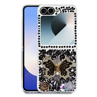 Samsung Galaxy Z Flip 6/5 Luxury Diamond Butterfly Kickstand Case With Strap Black