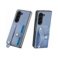 Carbon Fiber Texture Card Slot Wrist Strap Holder Case - BLUE for Galaxy Z Fold 6