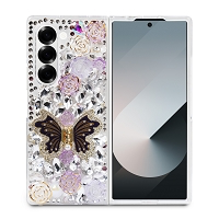 Samsung Galaxy Z Fold 6 Luxury Diamond Butterfly Kickstand Case With Strap Purple