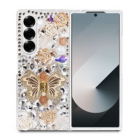 Samsung Galaxy Z Fold 6 Luxury Diamond Butterfly Kickstand Case With Strap Gold