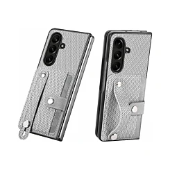 Galaxy Z Fold 7 Carbon Fiber Texture Card Slot Wrist Strap Holder Case - WHITE