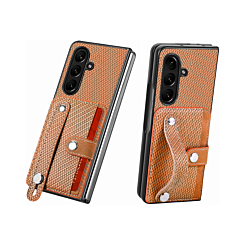 Galaxy Z Fold 7 Carbon Fiber Texture Card Slot Wrist Strap Holder Case - BROWN