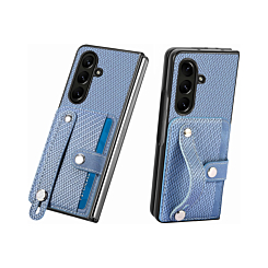Galaxy Z Fold 7 Carbon Fiber Texture Card Slot Wrist Strap Holder Case - BLUE