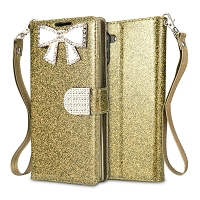 Samsung Galaxy Note 10 Sparkle Wallet Case With Diamond Butterfly Design Gold