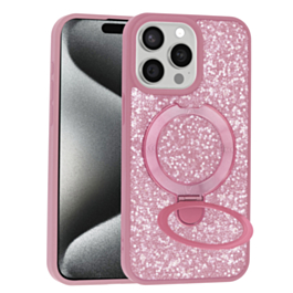 Full Glitter With MagSafe Kick Stand For 15 Pro Max - Pink