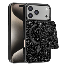 Full Glitter Case With Wireless Charging and wallet for iphone 17 Pro- Black