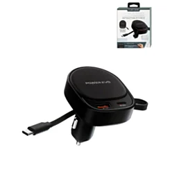 2 Port PD Car Charger with Built in Retractable USB-C Cable (60W)