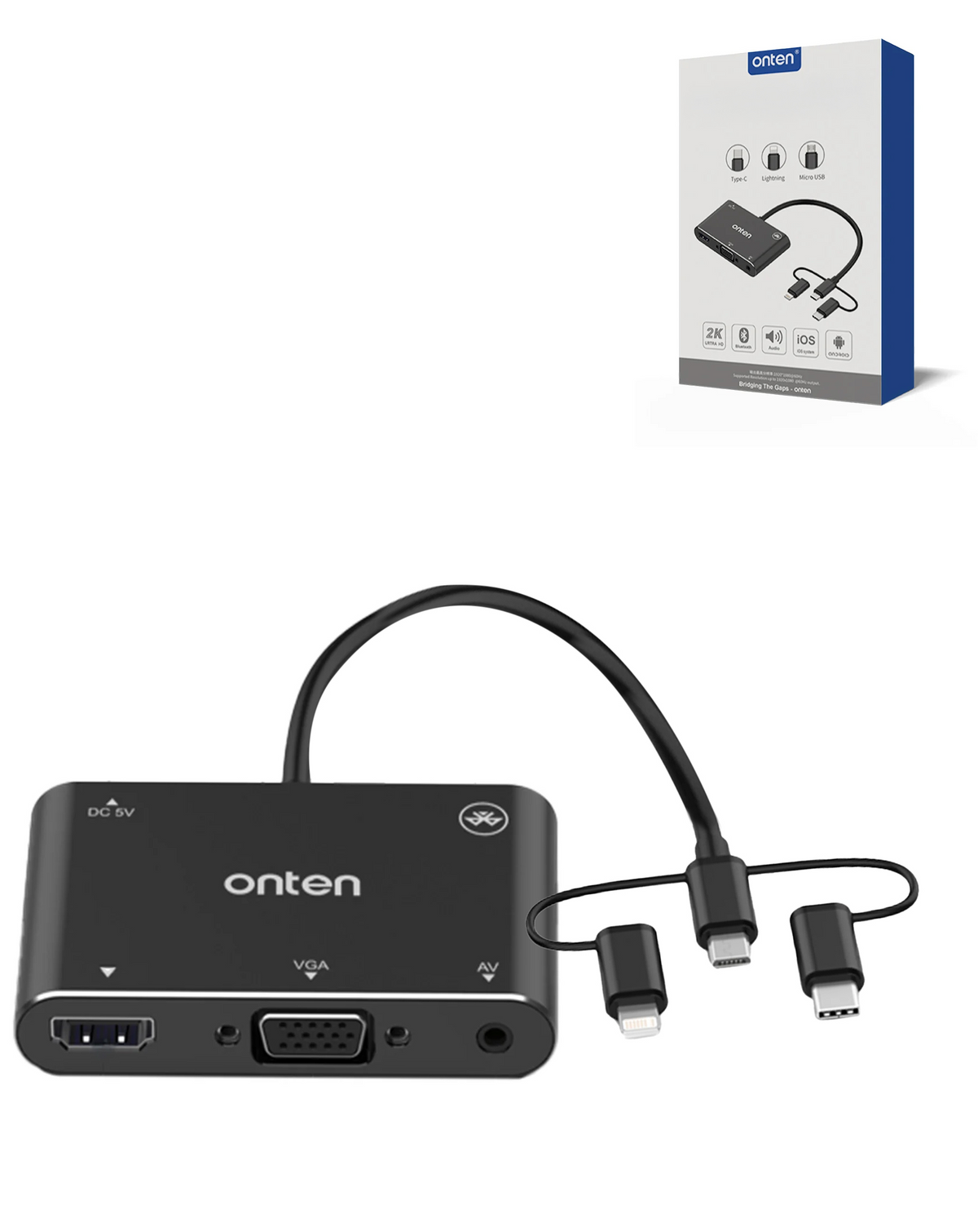 Onten 5in3 USB Adapter for L + C + M to HDMI + VGA + Bluetooth + Audio (1080P@30Hz)