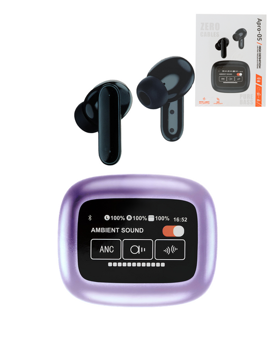 APro 05 Wireless Earbud BT 5.4 Earphone Noice Reduction with Touch Screen and Smart Charging Case (Purple)