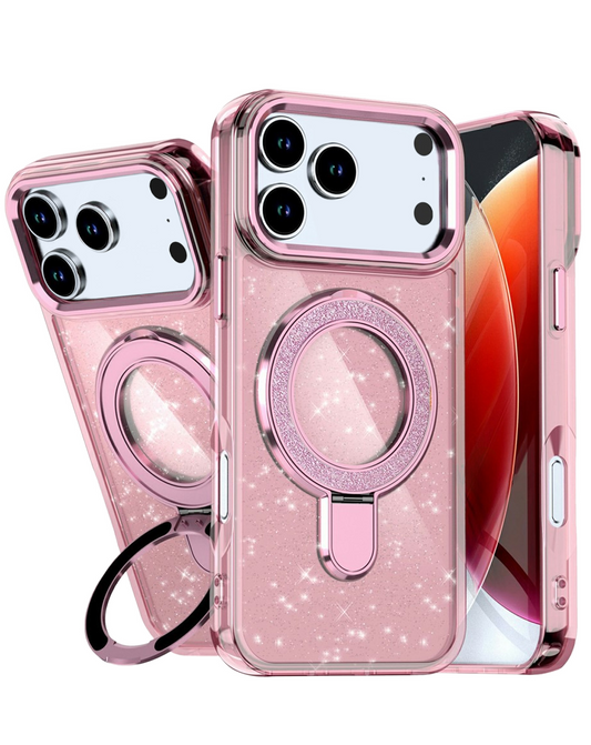 Glitter Ring Stand Protective Case for iPhone 17 Pro / 18 Pro (PINK)