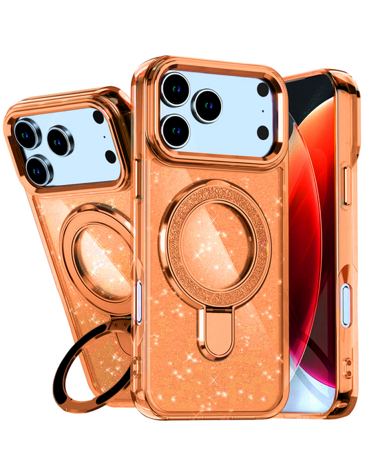 Glitter Ring Stand Protective Case for iPhone 17 Pro / 18 Pro (Orange)