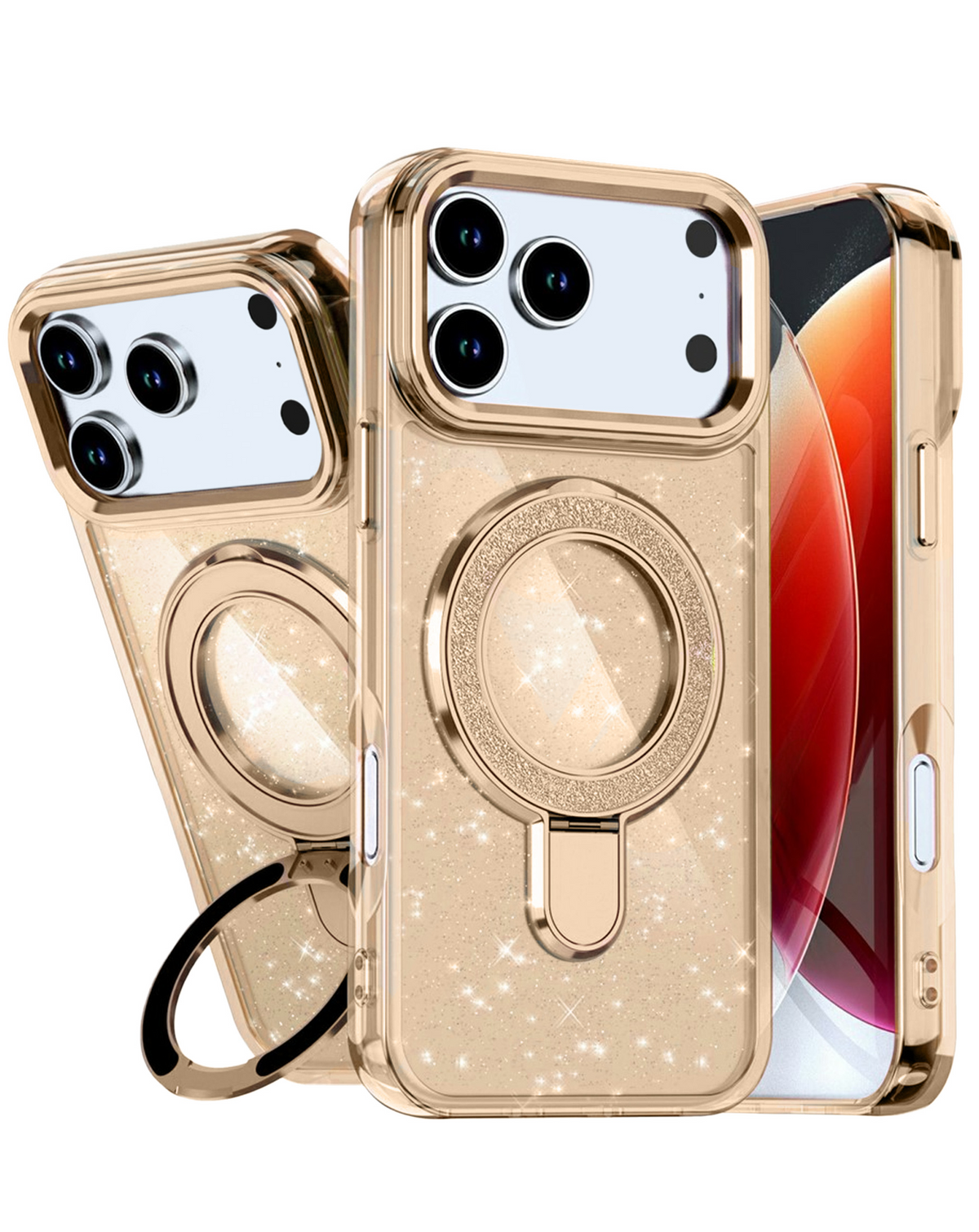Glitter Ring Stand Protective Case for iPhone 17 Pro / 18 Pro (Gold)